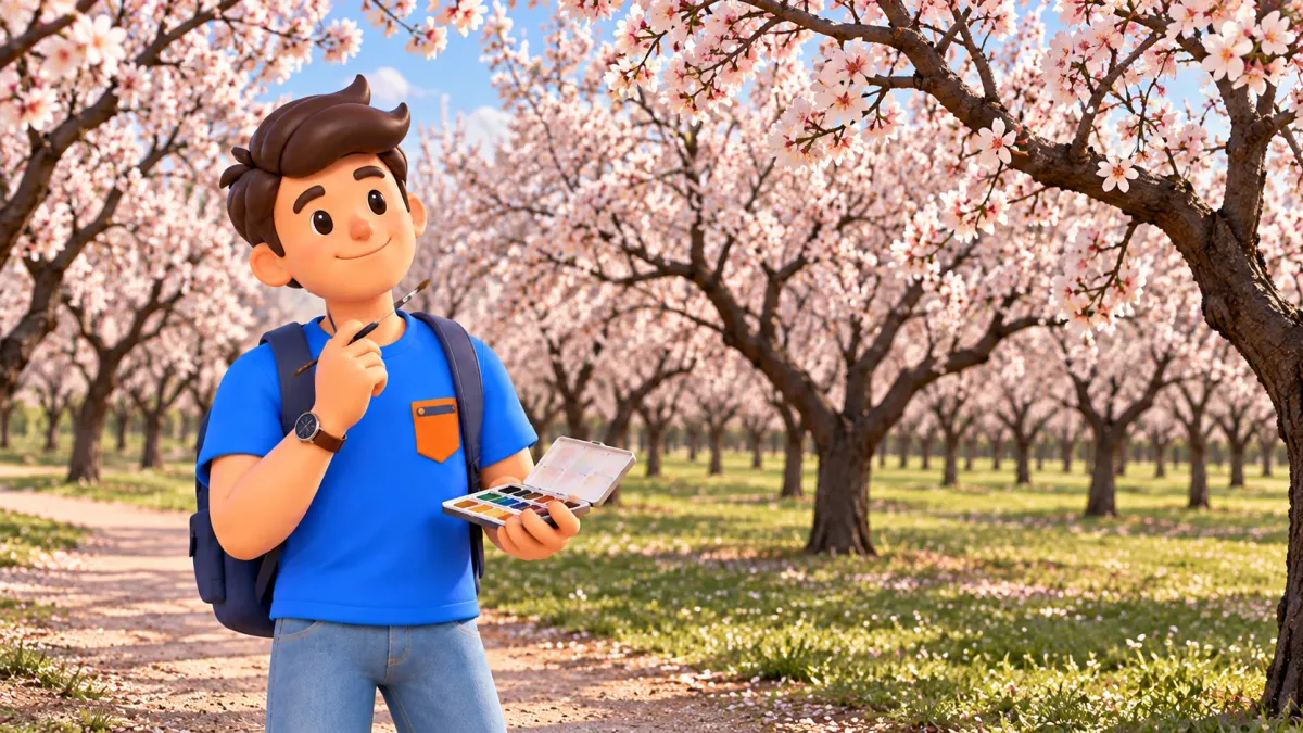Illustration saisonnière d’un voyageur avec une palette parmi les amandiers en fleurs de la Quinta de los Molinos
