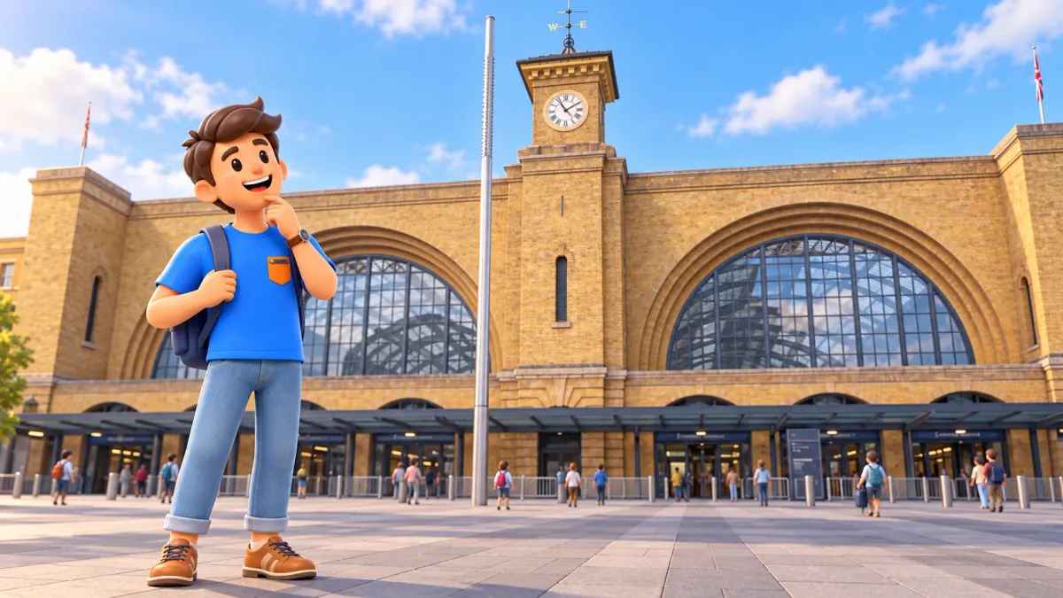 Персонаж у реального фасада King's Cross с двумя арочными окнами и башней с часами.