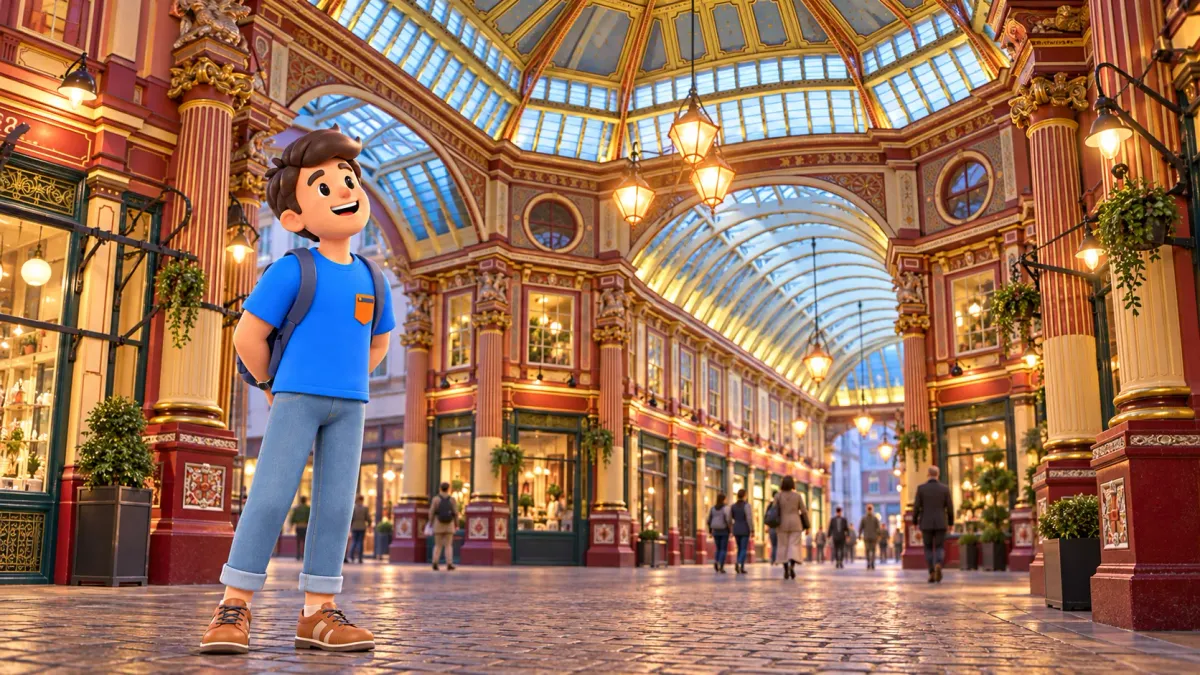 Ilustración de un viajero bajo la cubierta victoriana de Leadenhall Market