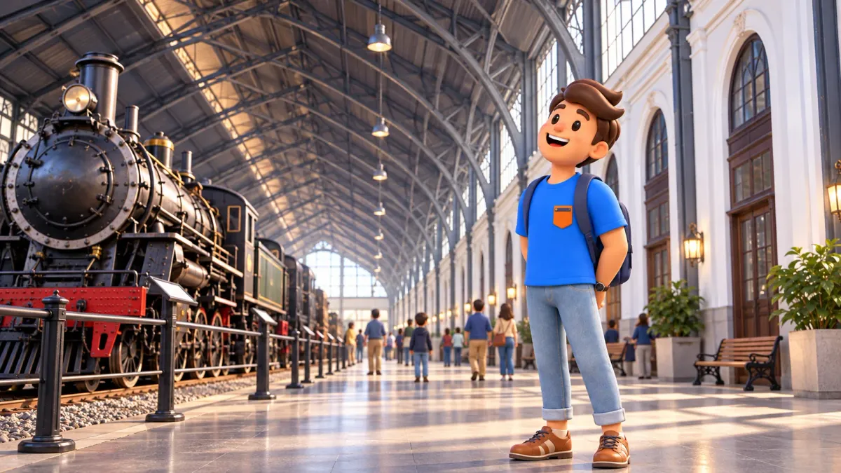 Illustration thématique d’un voyageur sous la charpente métallique du musée de Delicias, sans reproduction exacte d’une locomotive