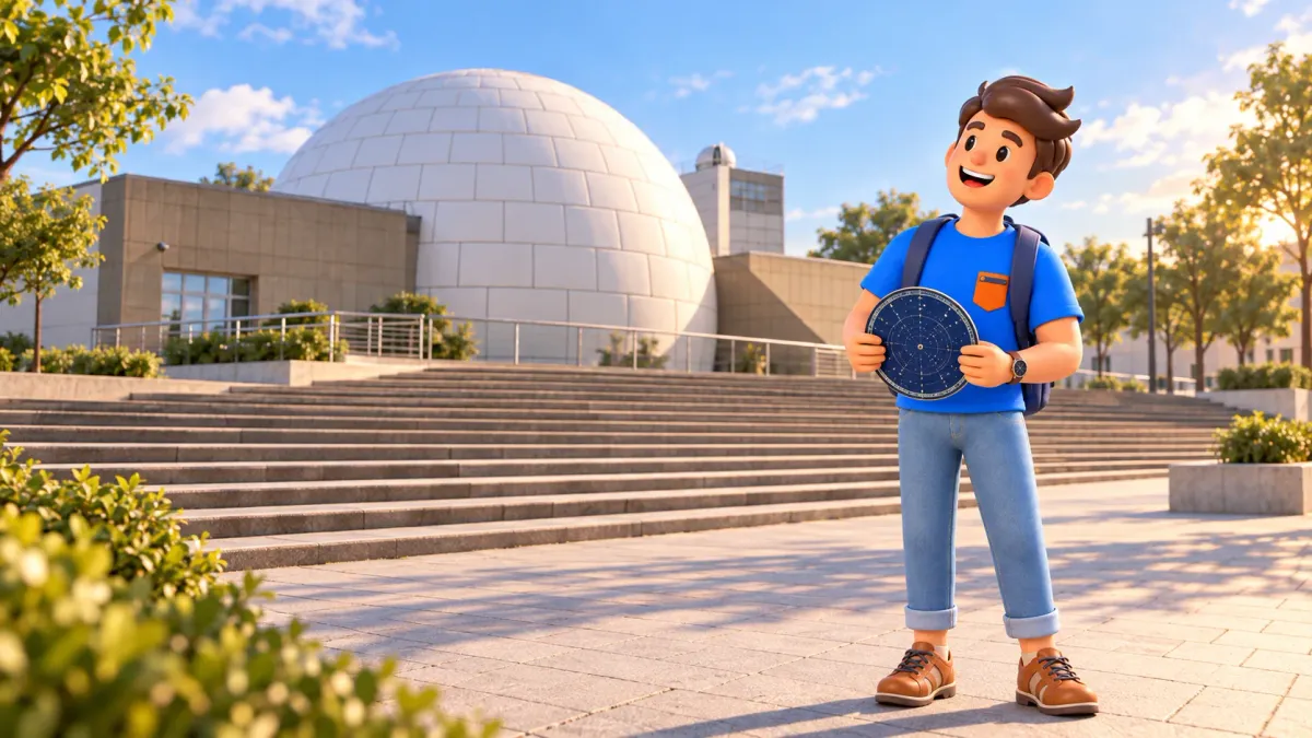 Illustration of a traveller with a star wheel beside Madrid Planetarium’s white dome