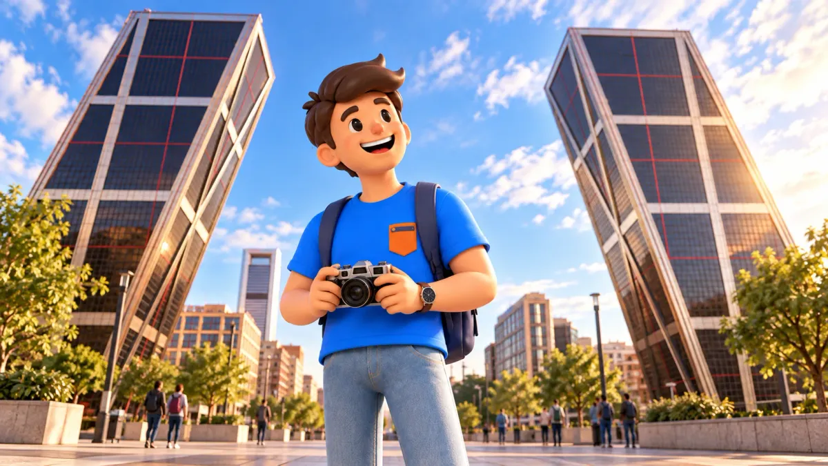 Illustration d’un voyageur avec appareil photo devant les tours KIO inclinées, dans un cadre piéton interprété