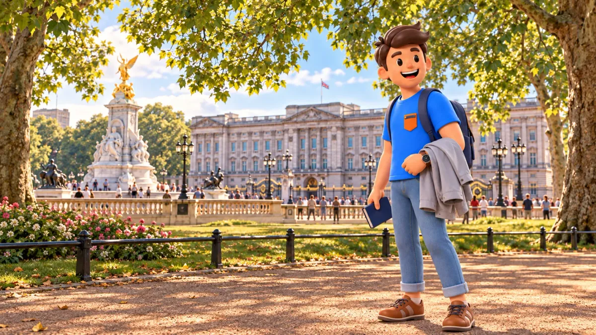 Ilustración de un viajero con chaqueta y libro ante Buckingham Palace y el Victoria Memorial