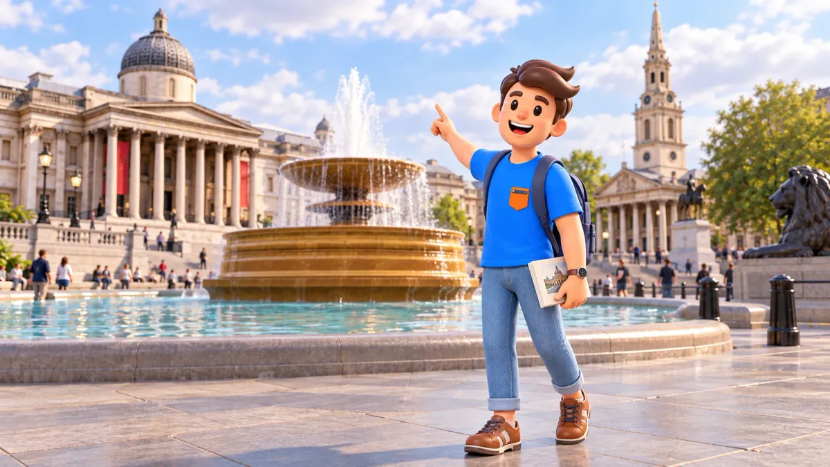 Thematic illustration of a traveller with a theatre programme beside a fountain in a setting inspired by Trafalgar Square
