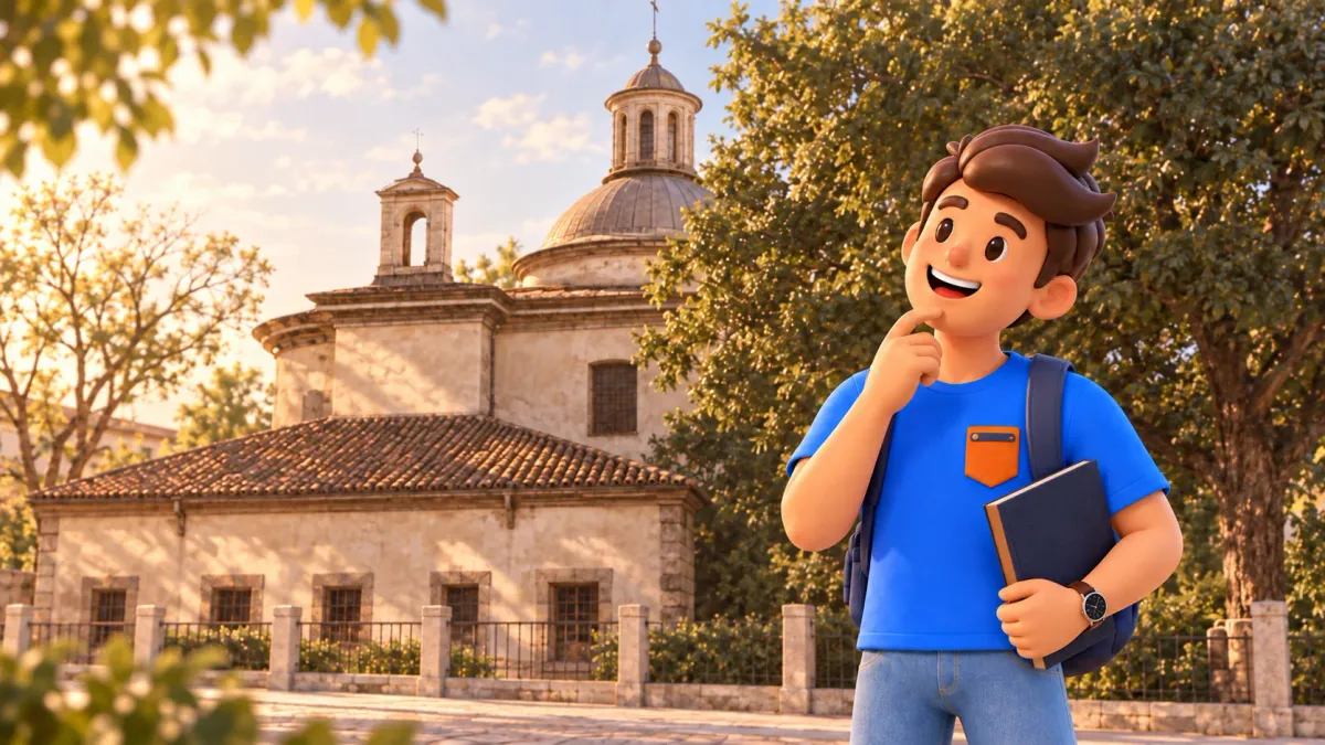Ilustración de un viajero con libro, inspirada en una vista histórica de San Antonio de la Florida