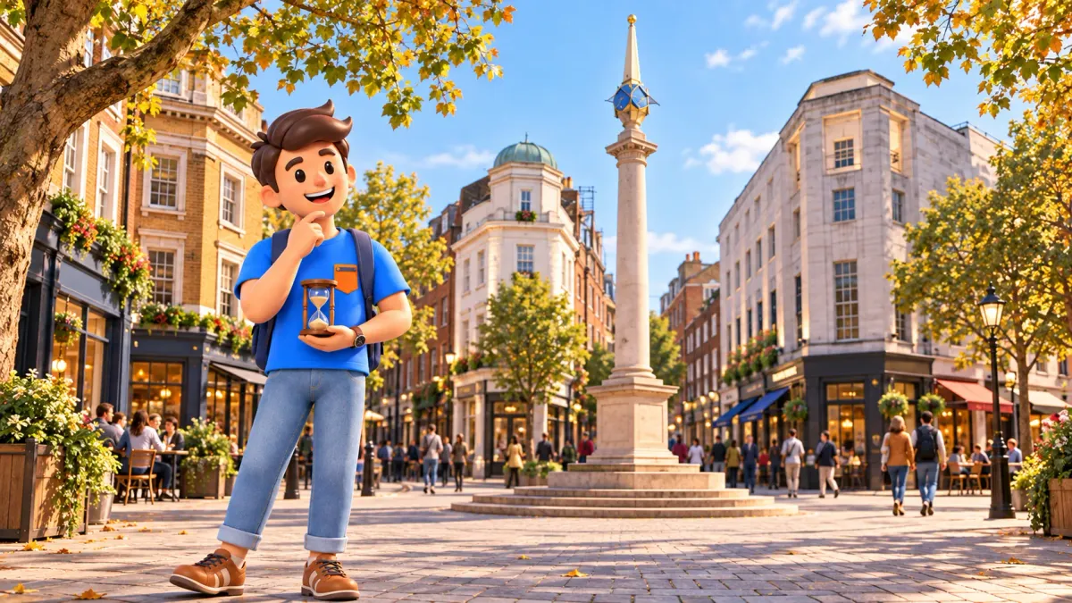 Thematic illustration of a traveller with an hourglass in front of the Seven Dials pillar