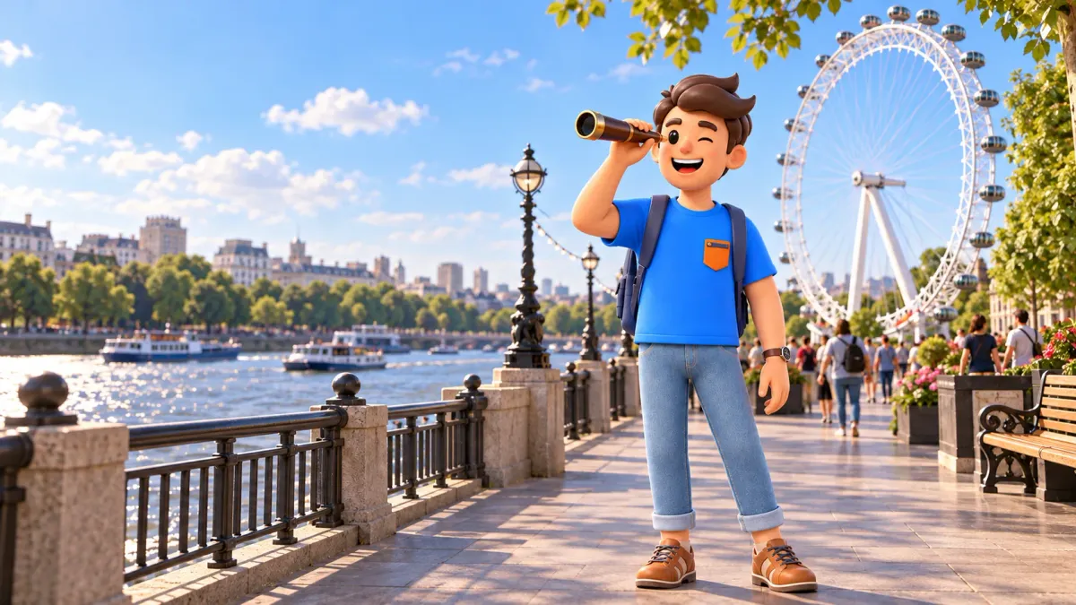 Ilustración temática de un viajero con un catalejo en el paseo junto al London Eye
