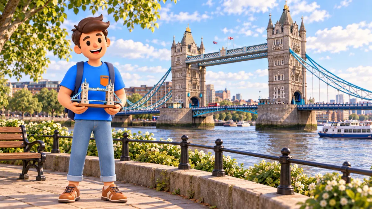 Thematische Illustration eines Reisenden mit einem Modell der Tower Bridge an der Themse