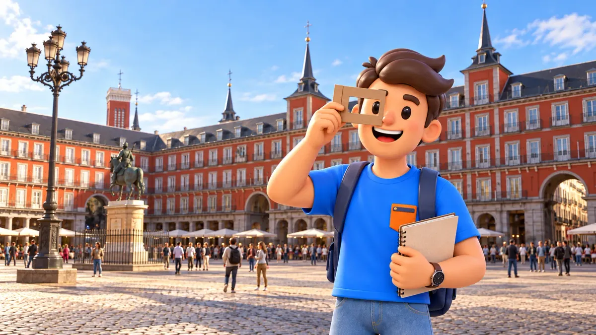 Illustration eines Reisenden mit Pappsucher auf der Plaza Mayor