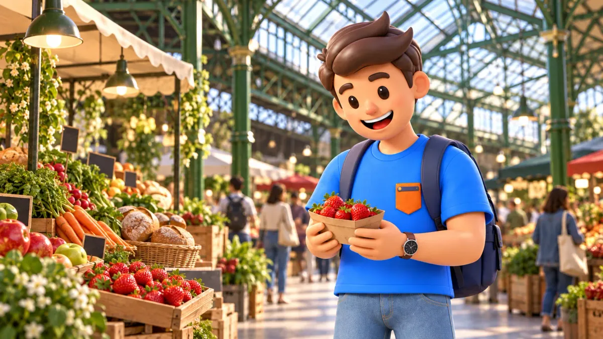 Thematische Illustration eines Reisenden mit Erdbeeren in einer vom Borough Market inspirierten Marktszene