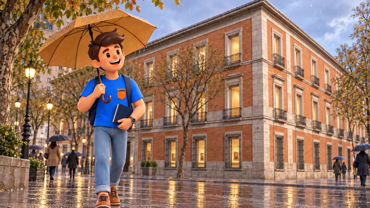 Illustration d’un voyageur avec parapluie près de la façade du Thyssen ; scène conceptuelle