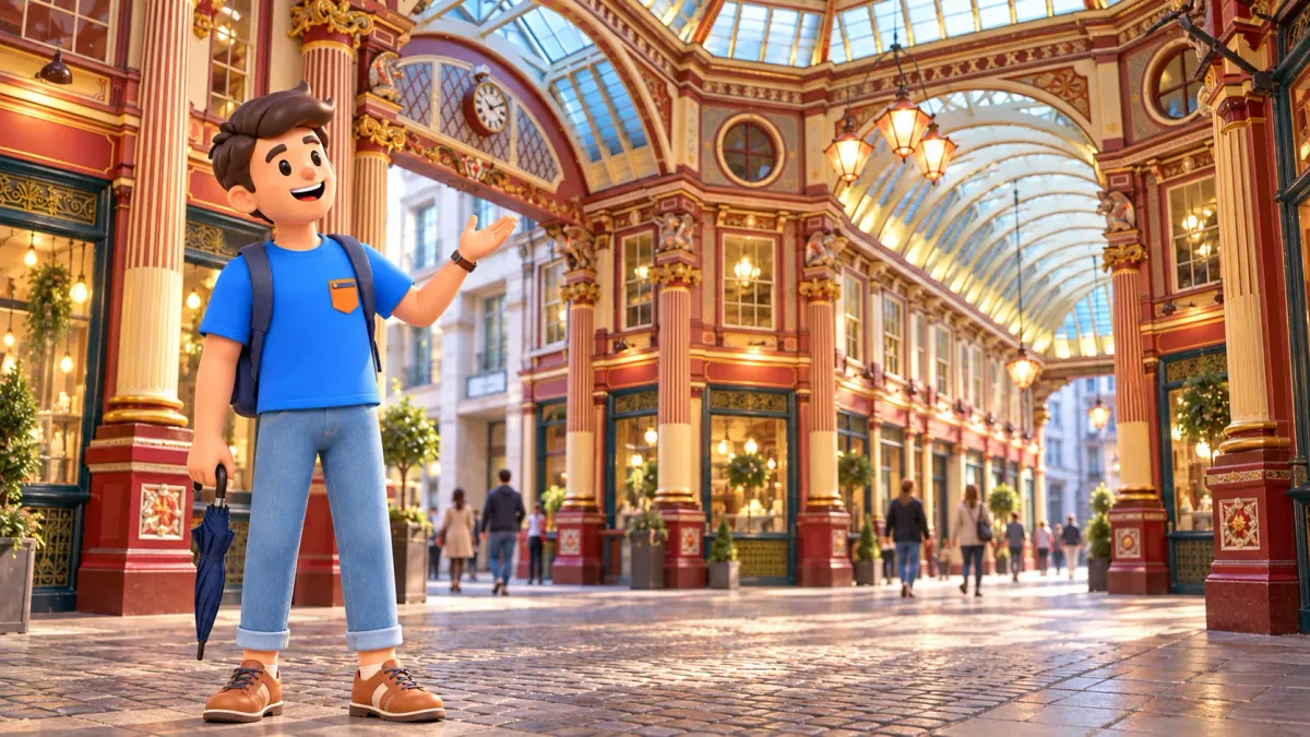 Illustration of a traveller with a closed umbrella beneath Victorian galleries inspired by Leadenhall Market