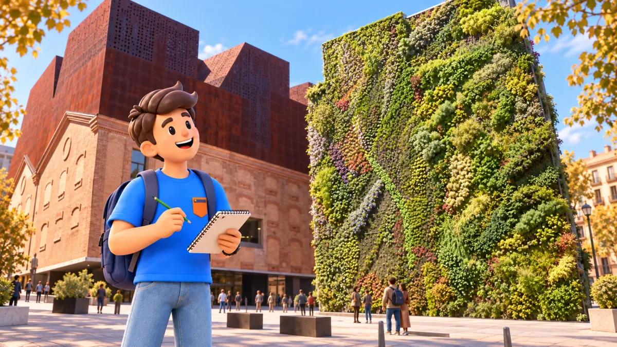 Illustration d’un voyageur devant le CaixaForum et son jardin vertical adjacent