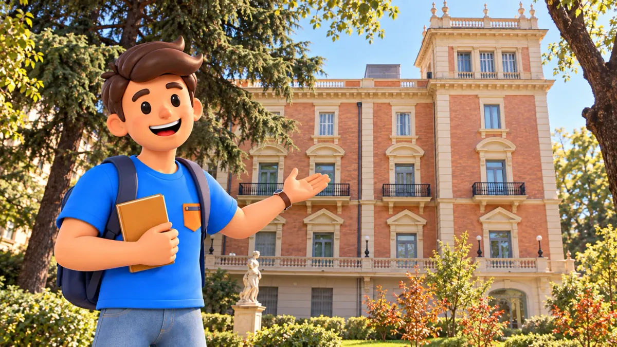 Traveller illustration with a notebook facing the garden façade of the Lázaro Galdiano Museum