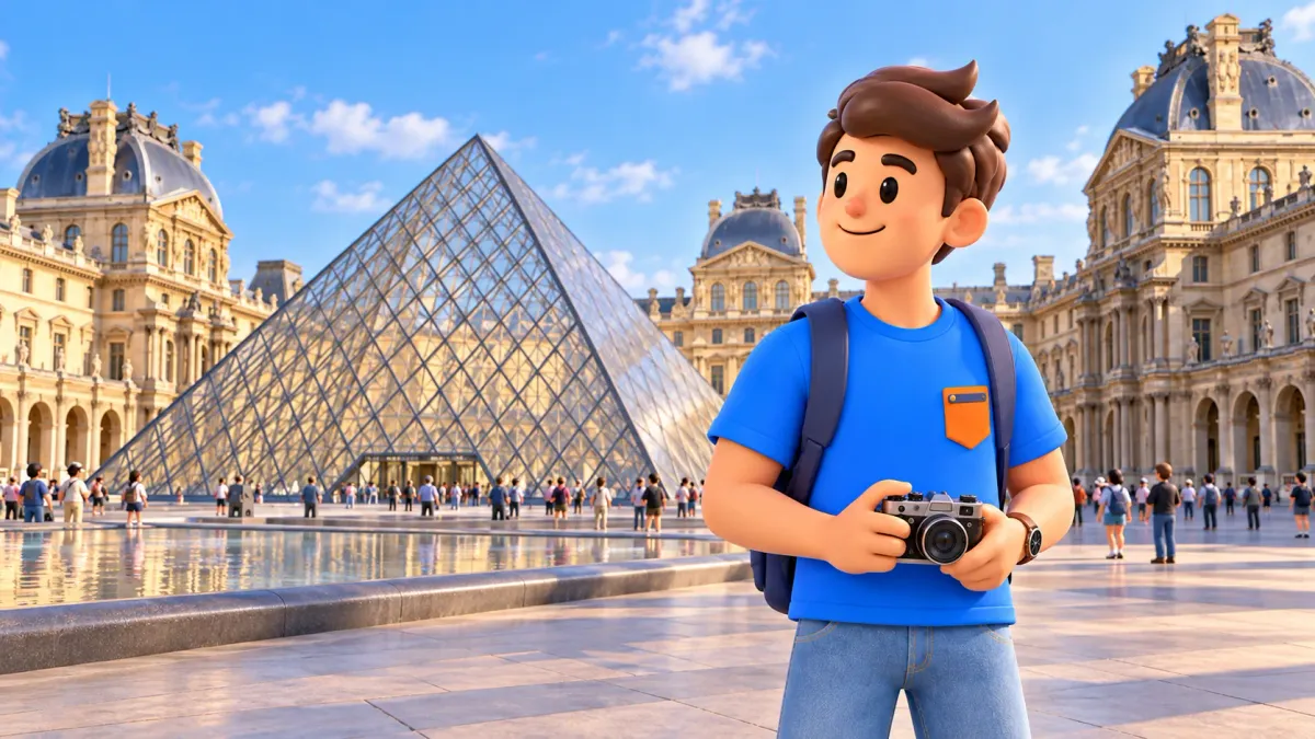 Un voyageur avec un appareil photo près de la pyramide du Louvre