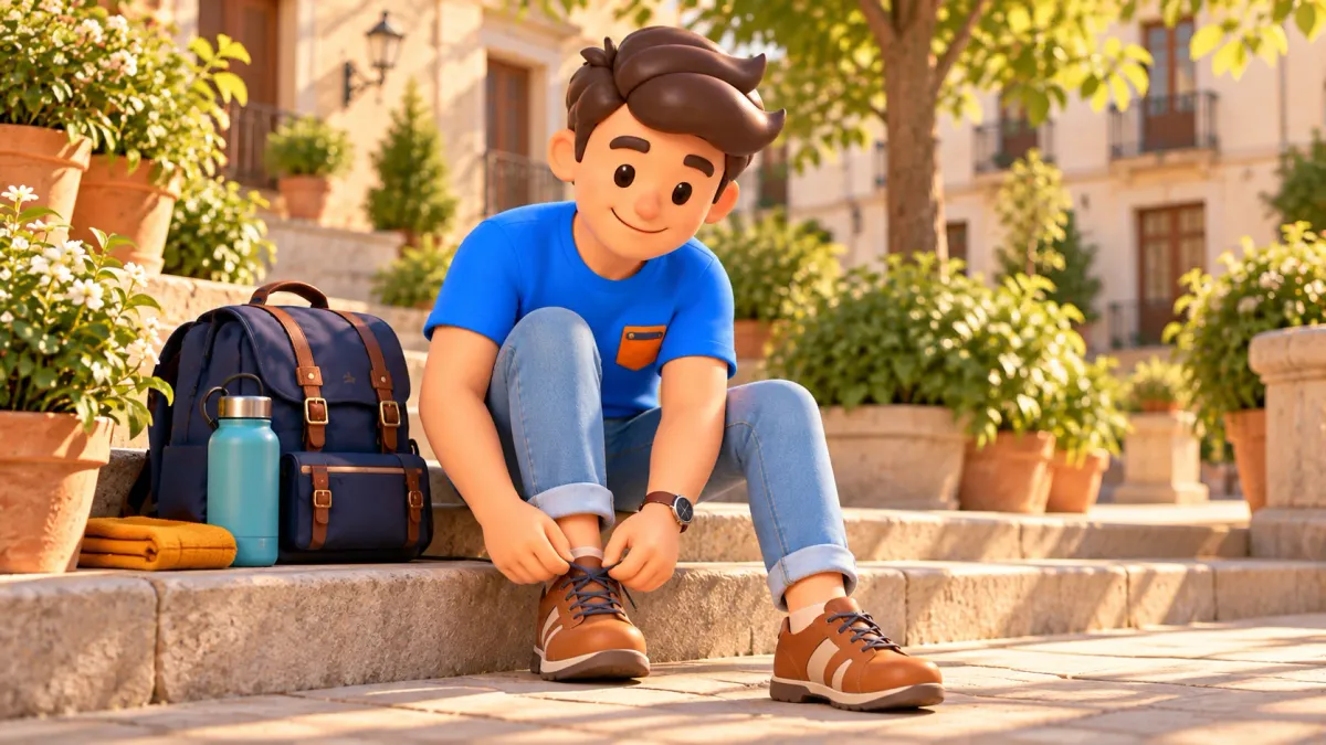 Conceptual preparation for a park walk: traveller tying shoelaces in a courtyard, not a named park