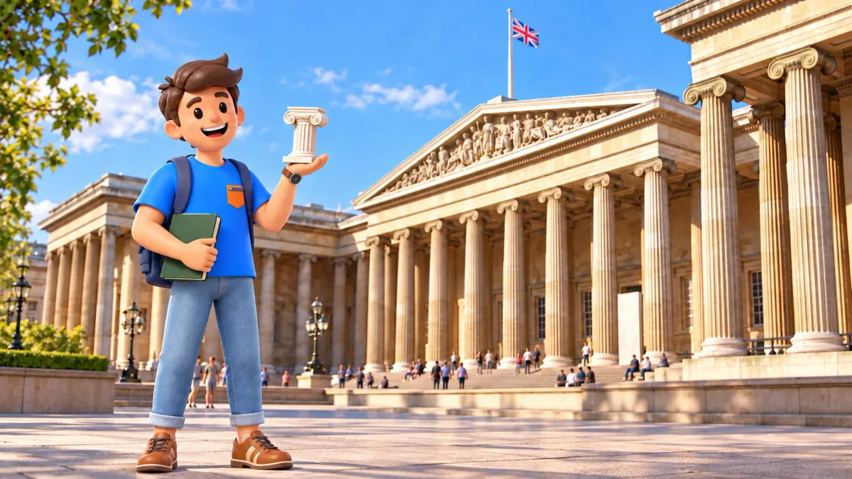 Ilustración temática de un viajero con una maqueta personal de columna ante el Museo Británico