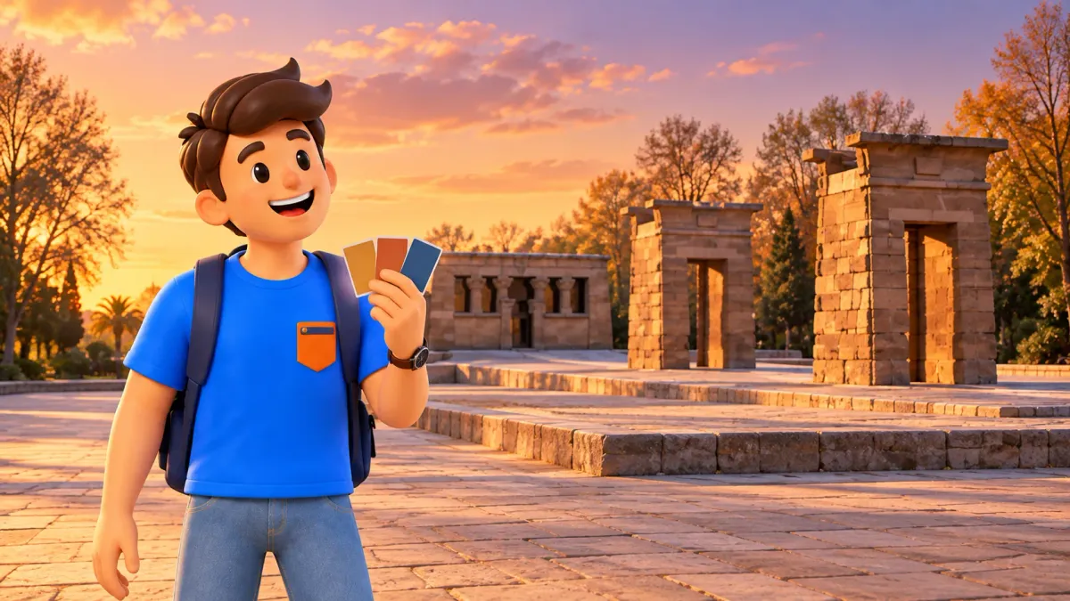 Viajero con tarjetas de colores junto a Debod al atardecer, ilustración sin prometer reflejos
