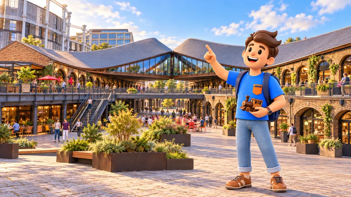 Illustration d’un voyageur avec une locomotive miniature personnelle devant des toits inspirés de Coal Drops Yard