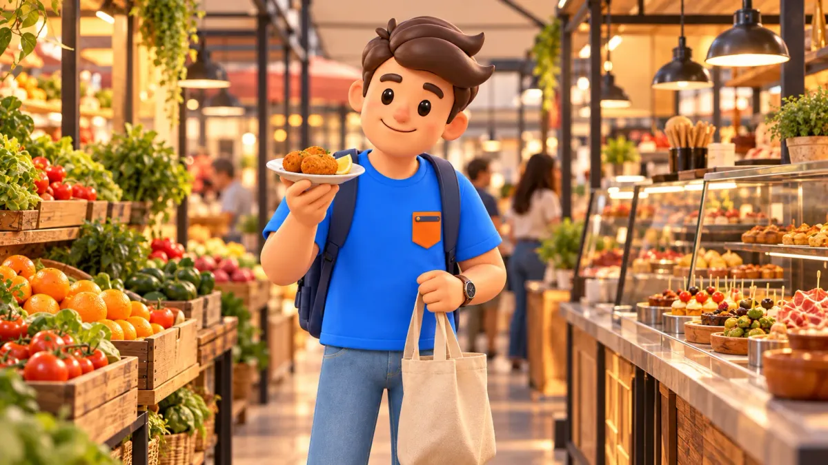Elección conceptual de comida en un mercado con croquetas y bolsa de tela, sin puesto concreto
