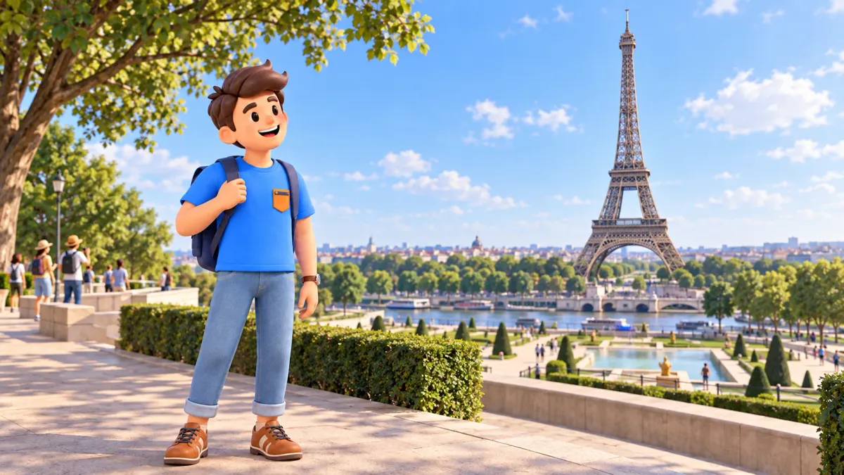 Un voyageur dans les jardins du Trocadéro regarde la tour Eiffel