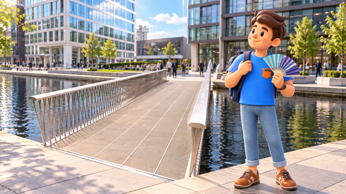 Thematic illustration of a traveller with a personal hand fan beside a lowered bridge inspired by the Fan Bridge