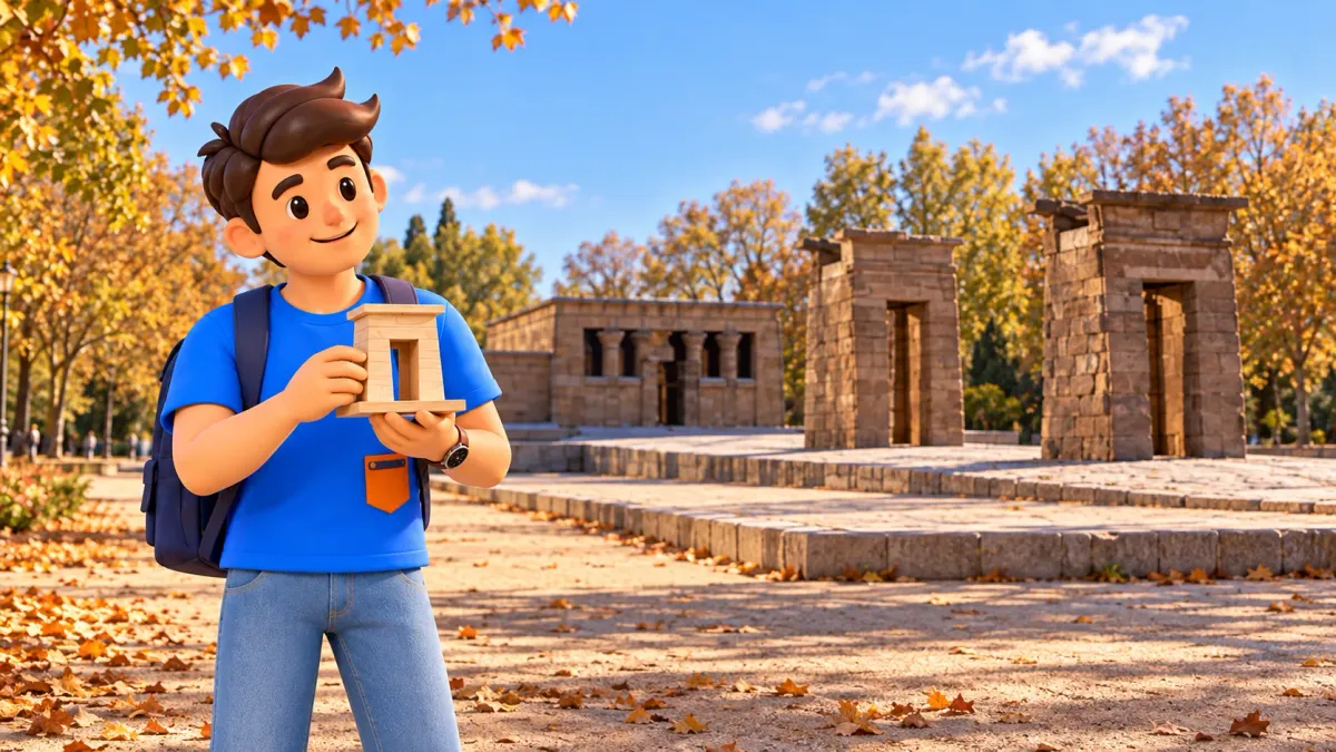 Traveller holding his own wooden gateway model before Debod, an illustration without an ancient object