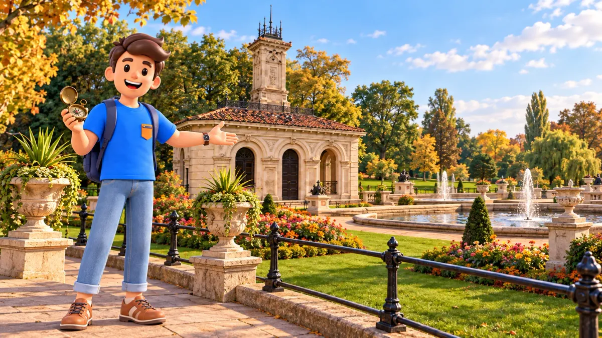 Illustration of a traveller with a compass beside the basins and Pump House of the Italian Gardens