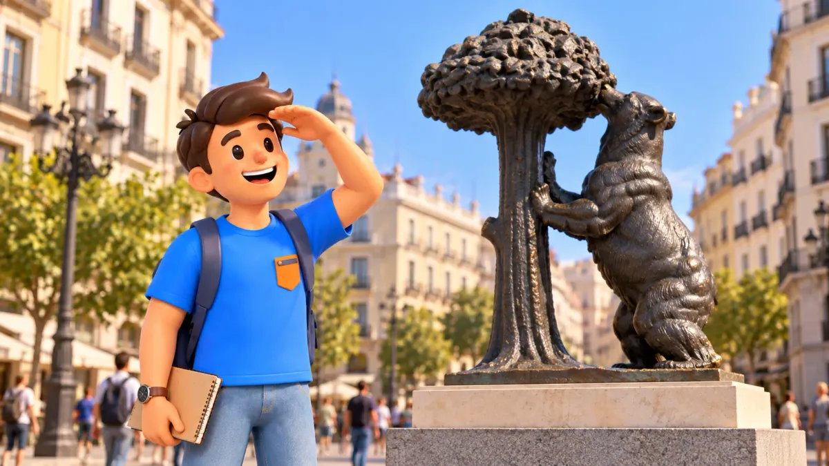 Traveller beside the bear and strawberry tree, illustrated from the sculpture reference with a conceptual city backdrop