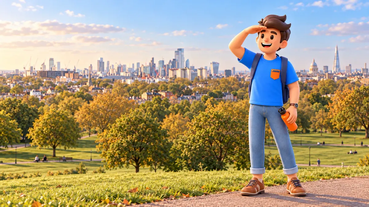 Illustration eines Reisenden mit Wasserflasche vor einem Panorama nach dem Vorbild des Primrose Hill