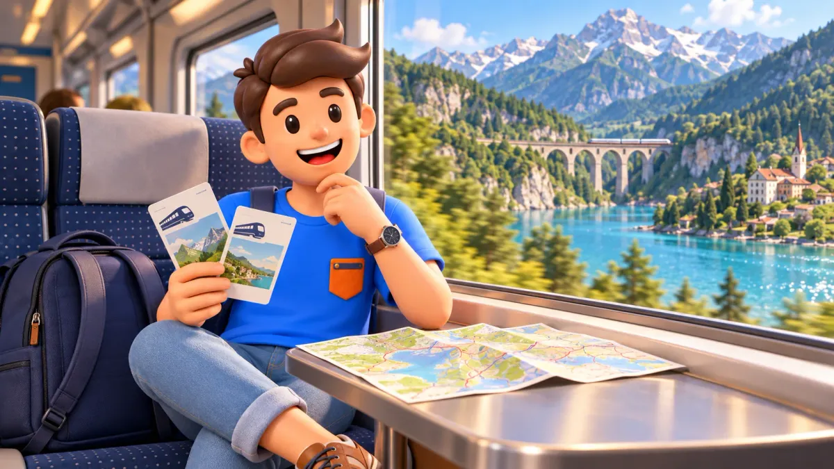 Un viajero compara opciones de trayecto a bordo de un tren panorámico en los Alpes.