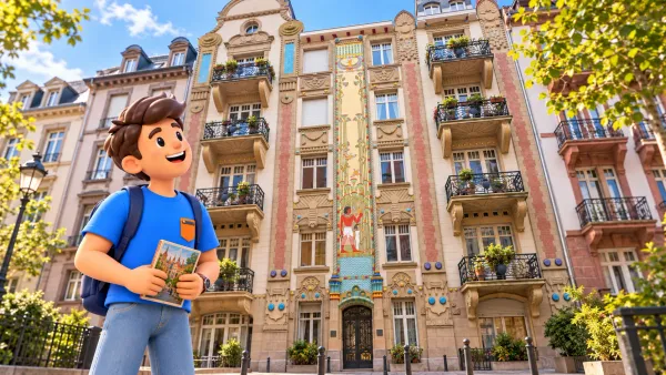 Voyageur illustré avec livre devant une façade de la Maison égyptienne inspirée de photographies