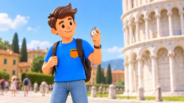 Le voyageur tient un chronomètre devant un fragment illustré d’arcade pisane.