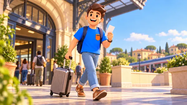 Illustration du voyageur avec une valise et un billet devant une gare.