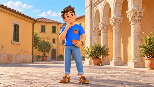 Le voyageur pensif avec un plumier fermé près d’un fragment d’arcade illustré.
