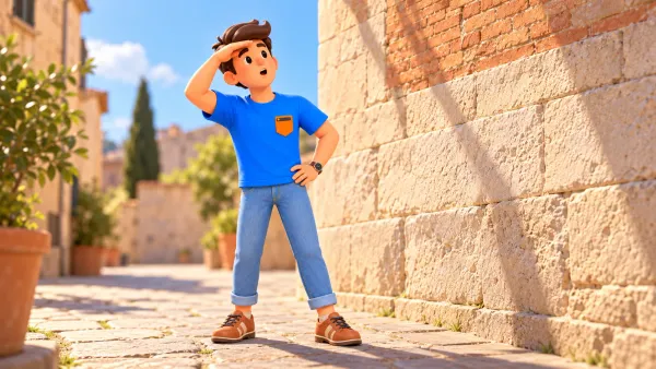Le voyageur protège ses yeux du soleil et regarde en hauteur près d’un mur illustré de pierre et brique.