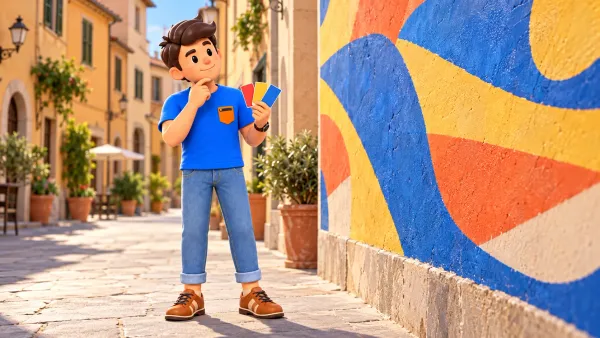 Le voyageur avec trois cartes de couleur observe une peinture abstraite imaginée, sans reproduction de vrais murales.