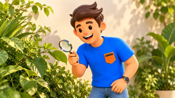 Le voyageur observe une feuille sur sa plante avec une loupe dans un jardin imaginé.