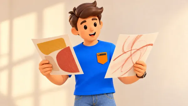 Le voyageur compare deux feuilles imaginées, avec des couleurs et des lignes rouges, sans reproduction d’œuvres réelles.