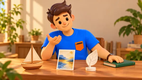 Le voyageur choisit un thème de musée devant un bateau miniature, une carte abstraite et un modèle de feuille.