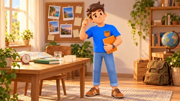 Le voyageur avec crayon et dossier orange prépare un séjour près d’une table avec horloge, livre et cartes.