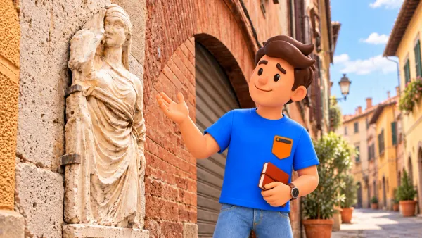 Le voyageur regarde le relief de Kinzica illustré dans sa façade d’après une photo municipale ; scène moderne, sans reconstitution historique.