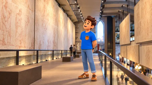 Le voyageur regarde de grands dessins dans le musée des Sinopies illustré d’après une photo municipale ; œuvres interprétées, sans image documentaire.