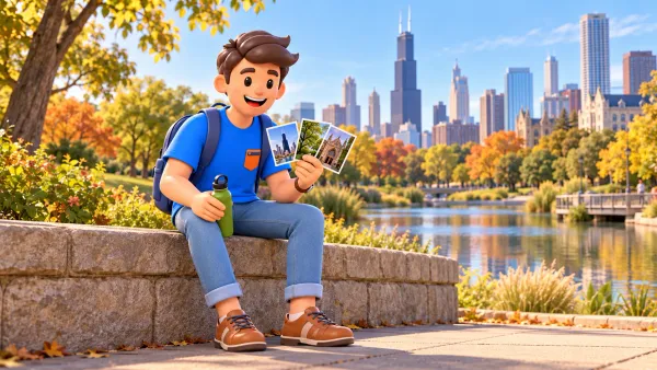 Voyageur choisissant ses découvertes avec trois cartes : ville, parc et architecture.
