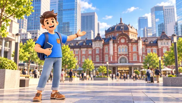 Voyageur avec un carnet sur une place devant une gare de Tokyo stylisée