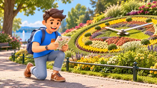 Le personnage avec un carnet botanique près d’une horloge fleurie