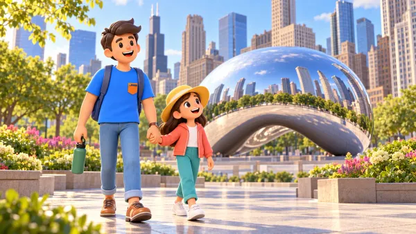 Voyageur et fillette se promenant près de Cloud Gate à Chicago.