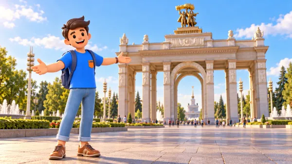 Un voyageur ouvre les bras devant une arche inspirée de l’entrée du VDNKh, illustration 3D