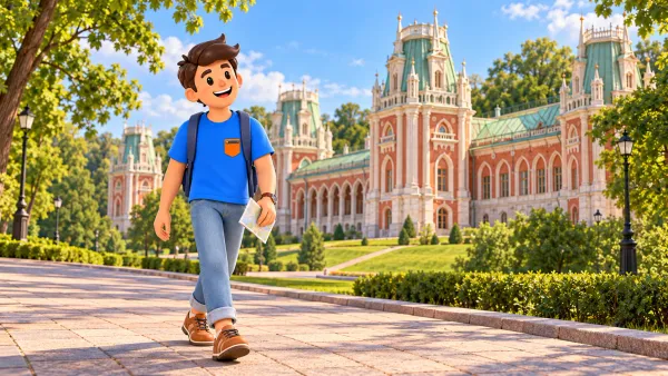 Un voyageur se promène devant le palais de Tsaritsyno, illustration 3D