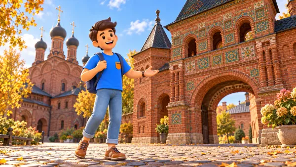Un voyageur découvre la porte décorée de Kroutitsy, illustration 3D